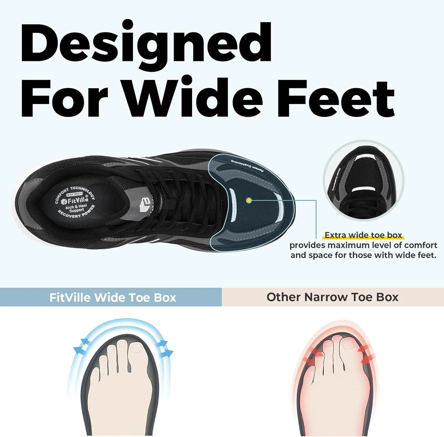 FitVille Men's Extra Wide Walking Shoes Wide Width Air Cushion Cross Training Sneakers for Heel Pain Relief Plantar Fasciitis - HeelAero V2
