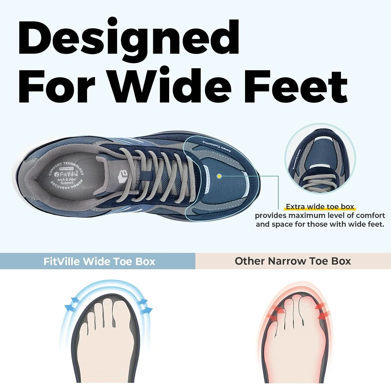 FitVille Men's Extra Wide Walking Shoes Wide Width Air Cushion Cross Training Sneakers for Heel Pain Relief Plantar Fasciitis - HeelAero V2