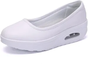 ihinzry Women's Wedge Leather Shoes Nurse Lightweight Comfort Work Shoes Waterproof Non Slip Loafer Platform Shoes