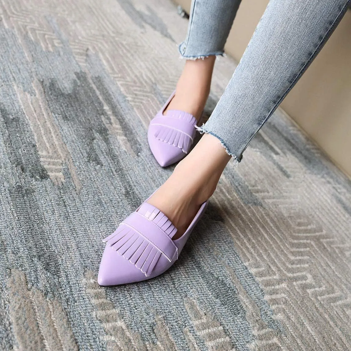 LEHOOR Women Pointed Closed Toe Flat Loafer Pumps Tassel Slip On Lightweight Patent Leather Casual Comfort Work Shoes for Ladies 4-15 M US