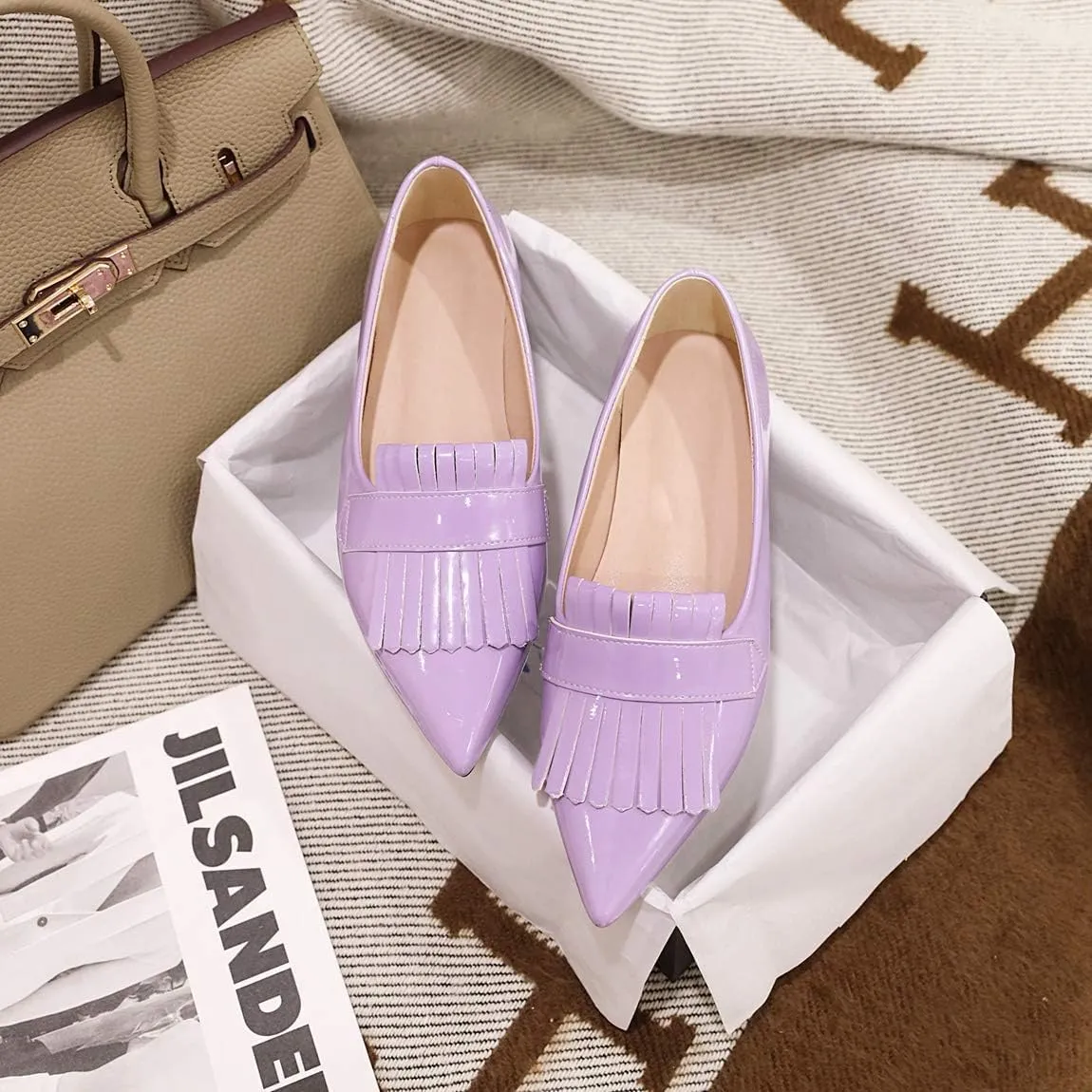 LEHOOR Women Pointed Closed Toe Flat Loafer Pumps Tassel Slip On Lightweight Patent Leather Casual Comfort Work Shoes for Ladies 4-15 M US