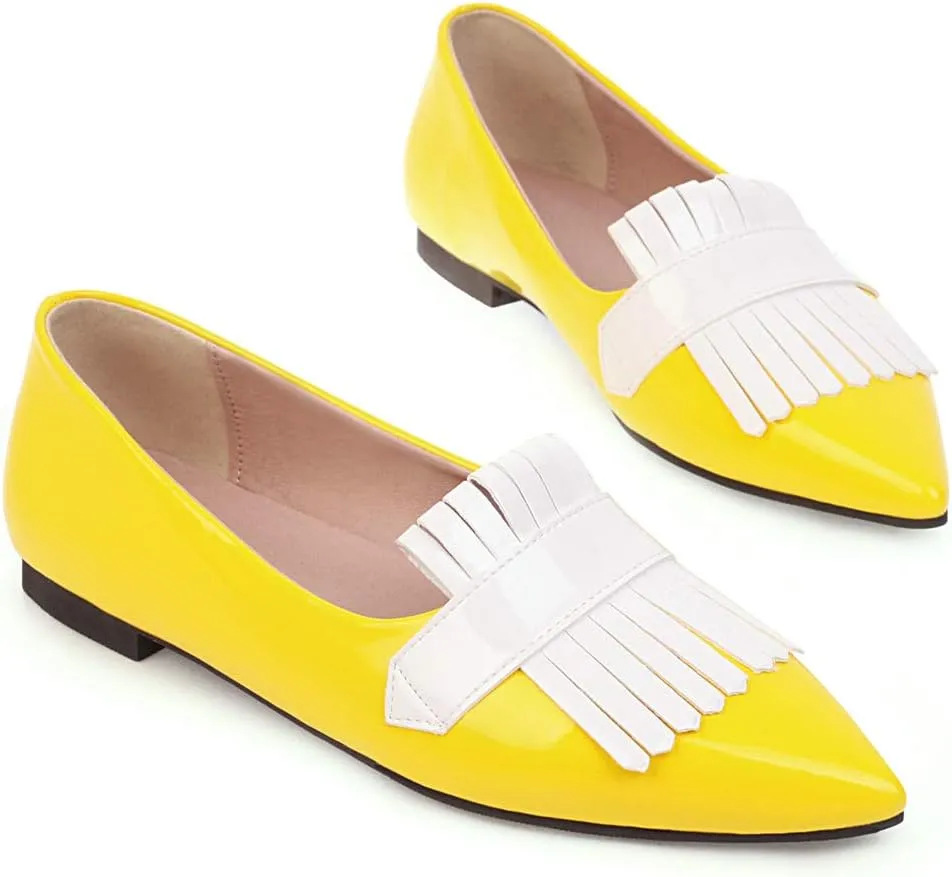 LEHOOR Women Pointed Closed Toe Flat Loafer Pumps Tassel Slip On Lightweight Patent Leather Casual Comfort Work Shoes for Ladies 4-15 M US