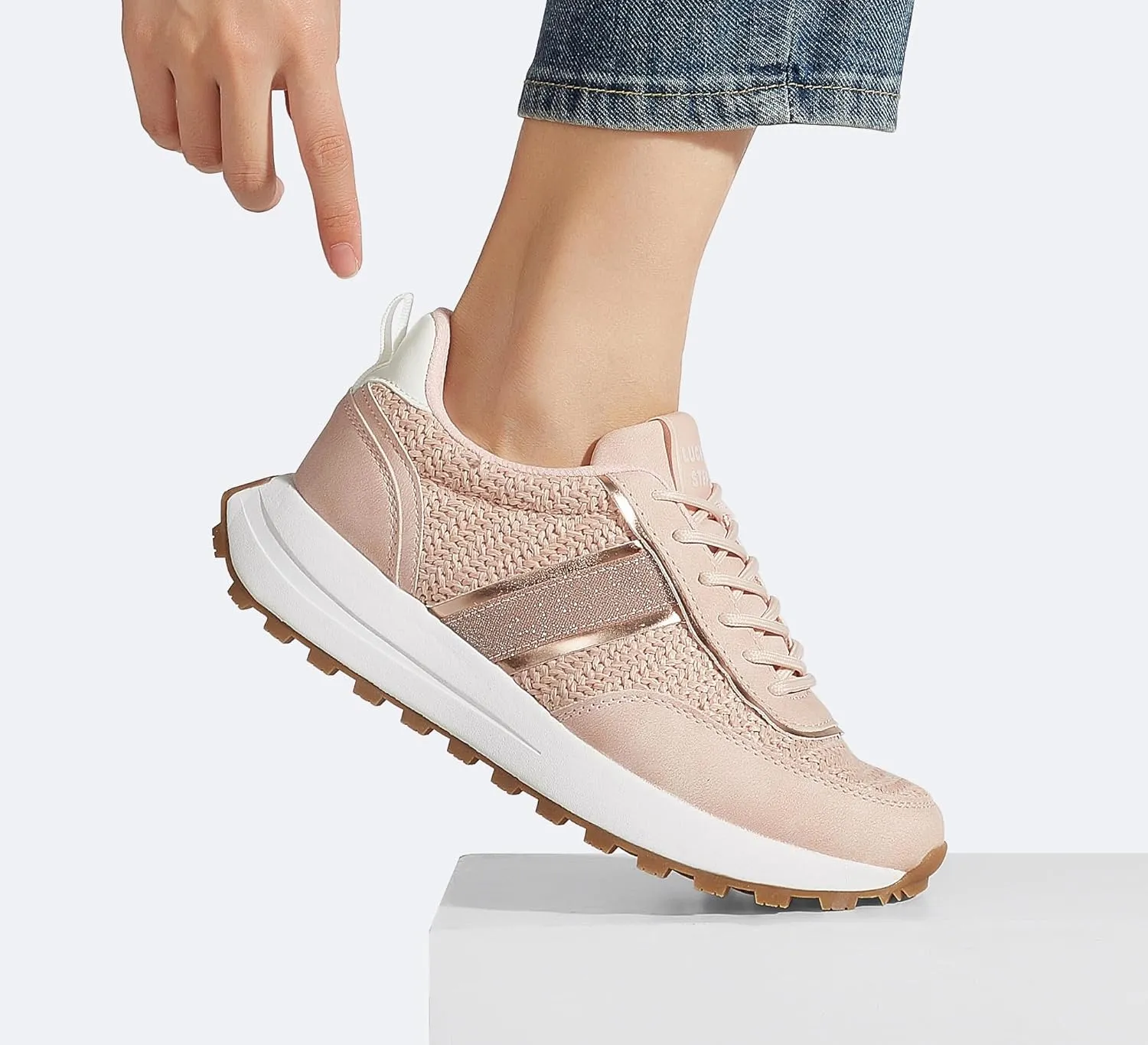LUCKY STEP Women Platform Walking Shoe Fashion Retro Classic Casual Trainers Braided Rhinestone Sneakers Tennis Running Walking Shoes