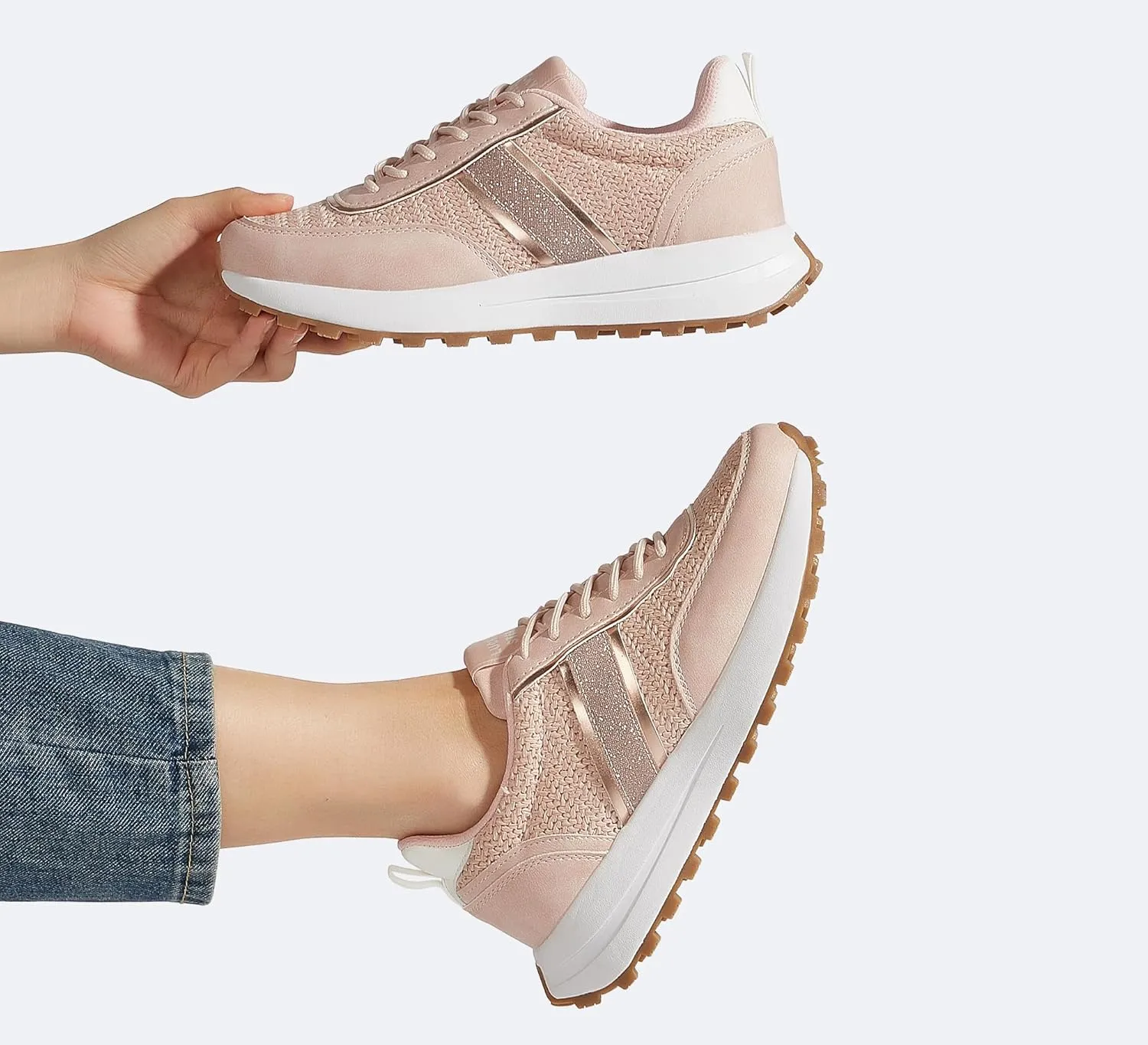 LUCKY STEP Women Platform Walking Shoe Fashion Retro Classic Casual Trainers Braided Rhinestone Sneakers Tennis Running Walking Shoes