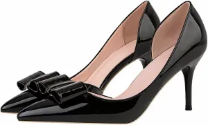 LUXINYU,Women Pointed Toe Heels Fashion Sweet Stiletto Bow Elegant Ladies Pumps Hollow Sexy Heeled Dress Shoes Patent Leather Comfort Work Shoes