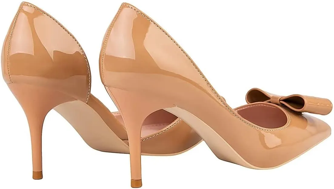 LUXINYU,Women Pointed Toe Heels Fashion Sweet Stiletto Bow Elegant Ladies Pumps Hollow Sexy Heeled Dress Shoes Patent Leather Comfort Work Shoes
