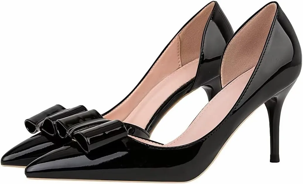 LUXINYU,Women Pointed Toe Heels Fashion Sweet Stiletto Bow Elegant Ladies Pumps Hollow Sexy Heeled Dress Shoes Patent Leather Comfort Work Shoes
