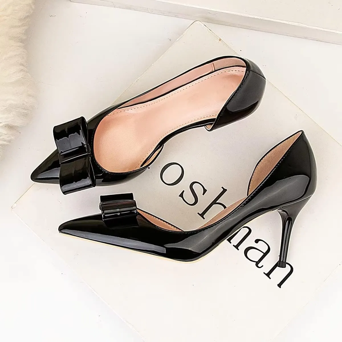 LUXINYU,Women Pointed Toe Heels Fashion Sweet Stiletto Bow Elegant Ladies Pumps Hollow Sexy Heeled Dress Shoes Patent Leather Comfort Work Shoes