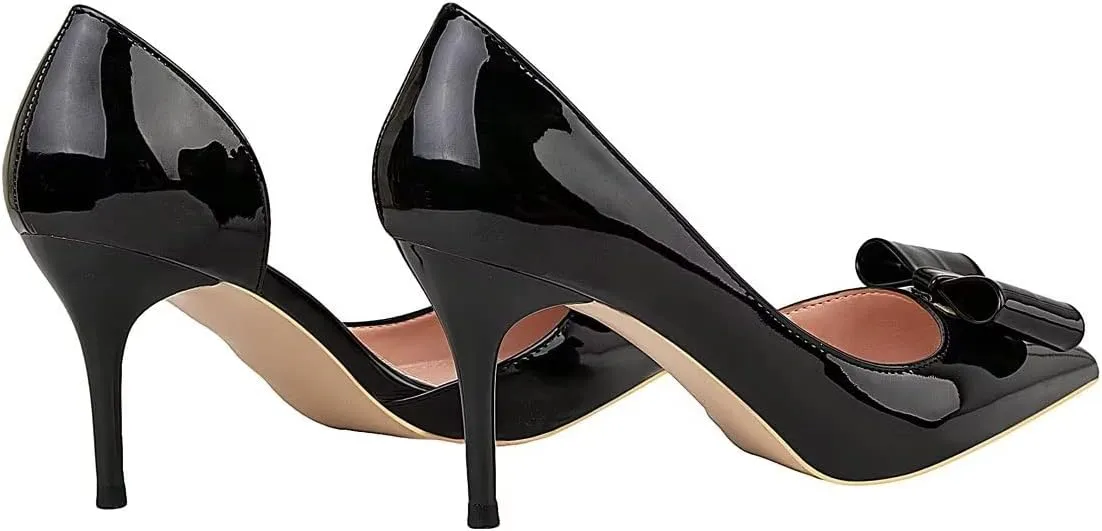 LUXINYU,Women Pointed Toe Heels Fashion Sweet Stiletto Bow Elegant Ladies Pumps Hollow Sexy Heeled Dress Shoes Patent Leather Comfort Work Shoes