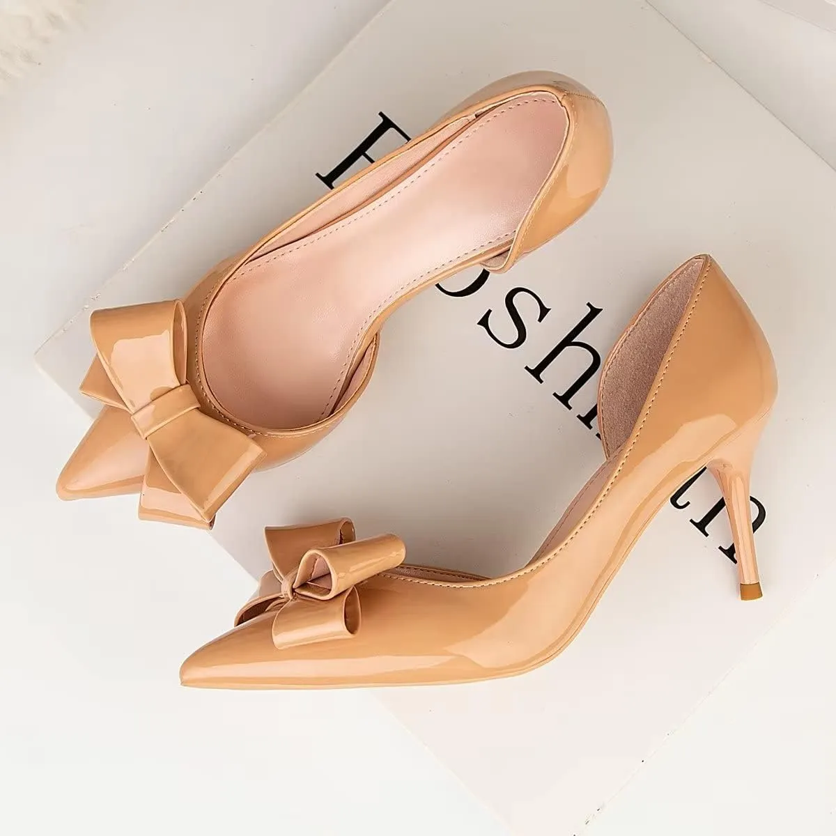 LUXINYU,Women Pointed Toe Heels Fashion Sweet Stiletto Bow Elegant Ladies Pumps Hollow Sexy Heeled Dress Shoes Patent Leather Comfort Work Shoes