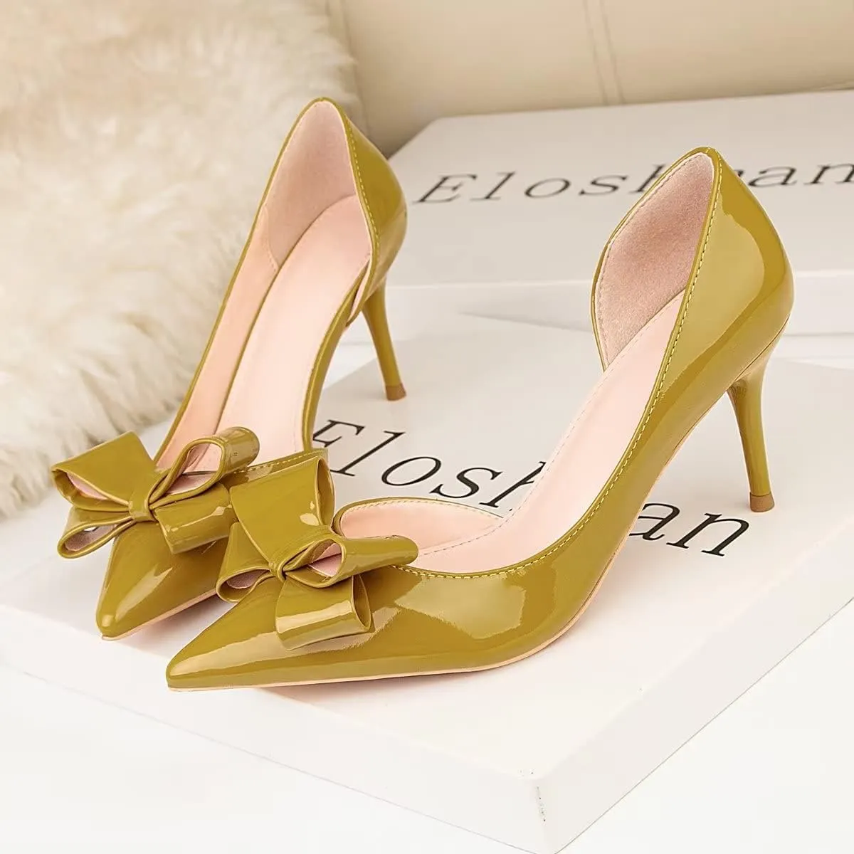 LUXINYU,Women Pointed Toe Heels Fashion Sweet Stiletto Bow Elegant Ladies Pumps Hollow Sexy Heeled Dress Shoes Patent Leather Comfort Work Shoes