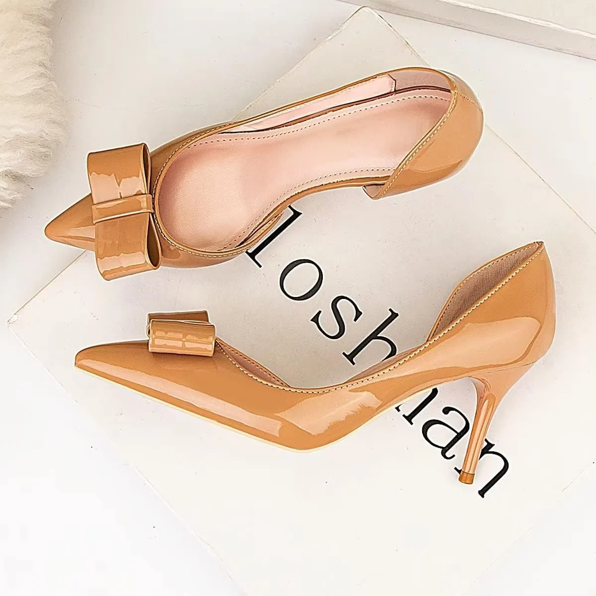LUXINYU,Women Pointed Toe Heels Fashion Sweet Stiletto Bow Elegant Ladies Pumps Hollow Sexy Heeled Dress Shoes Patent Leather Comfort Work Shoes