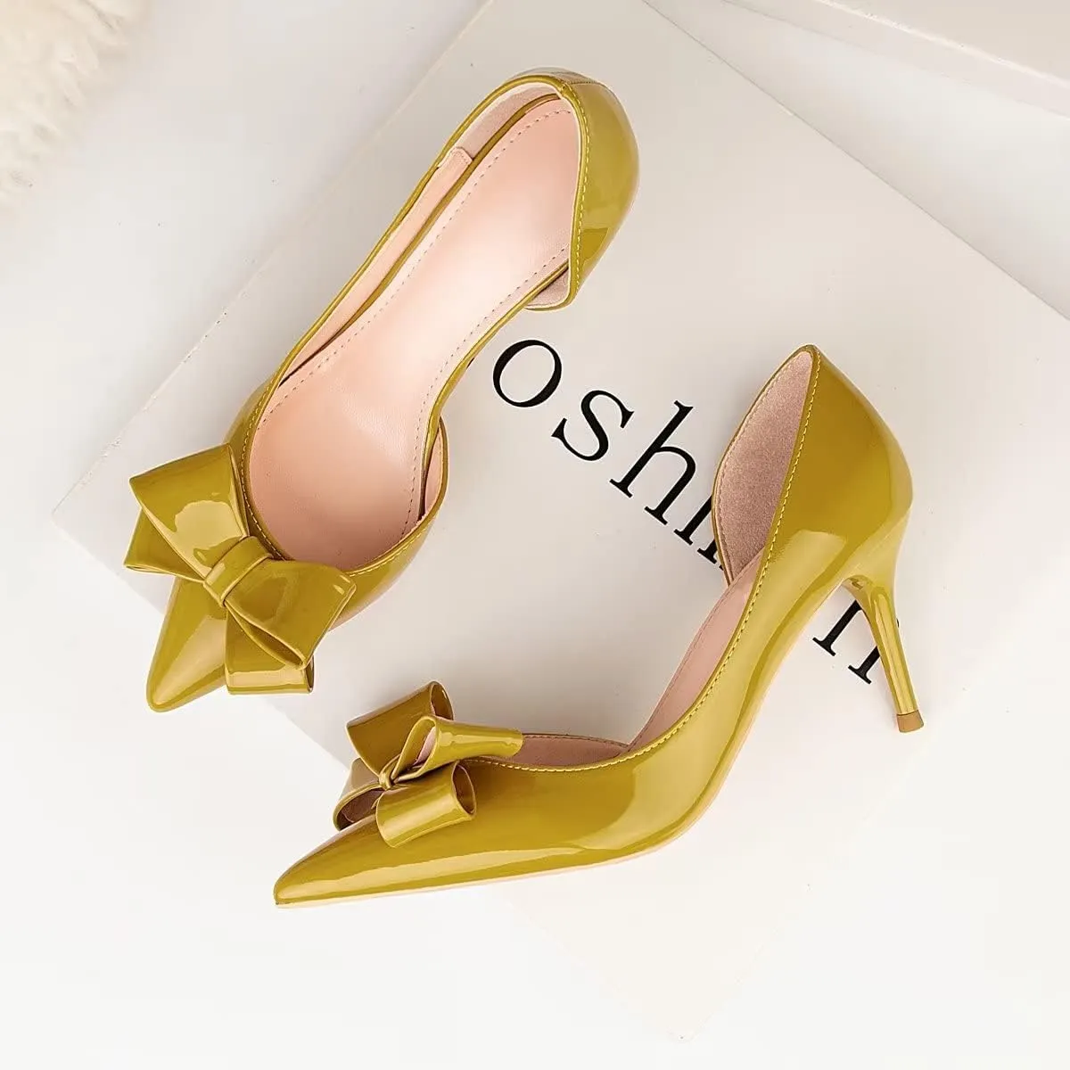 LUXINYU,Women Pointed Toe Heels Fashion Sweet Stiletto Bow Elegant Ladies Pumps Hollow Sexy Heeled Dress Shoes Patent Leather Comfort Work Shoes
