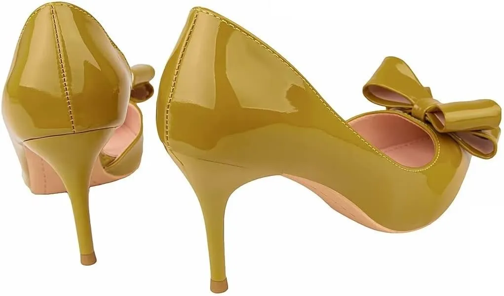 LUXINYU,Women Pointed Toe Heels Fashion Sweet Stiletto Bow Elegant Ladies Pumps Hollow Sexy Heeled Dress Shoes Patent Leather Comfort Work Shoes