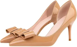 LUXINYU,Women Pointed Toe Heels Fashion Sweet Stiletto Bow Elegant Ladies Pumps Hollow Sexy Heeled Dress Shoes Patent Leather Comfort Work Shoes