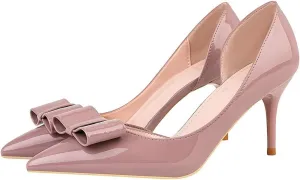 LUXINYU,Women Pointed Toe Heels Fashion Sweet Stiletto Bow Elegant Ladies Pumps Hollow Sexy Heeled Dress Shoes Patent Leather Comfort Work Shoes
