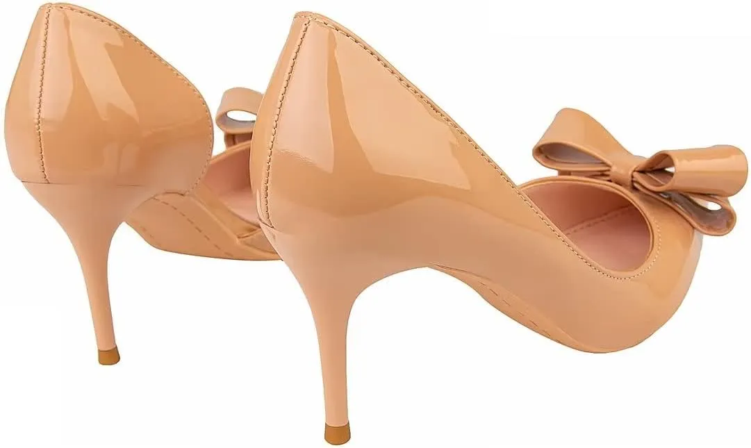 LUXINYU,Women Pointed Toe Heels Fashion Sweet Stiletto Bow Elegant Ladies Pumps Hollow Sexy Heeled Dress Shoes Patent Leather Comfort Work Shoes