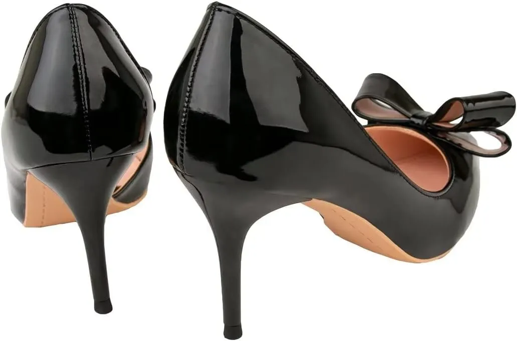 LUXINYU,Women Pointed Toe Heels Fashion Sweet Stiletto Bow Elegant Ladies Pumps Hollow Sexy Heeled Dress Shoes Patent Leather Comfort Work Shoes