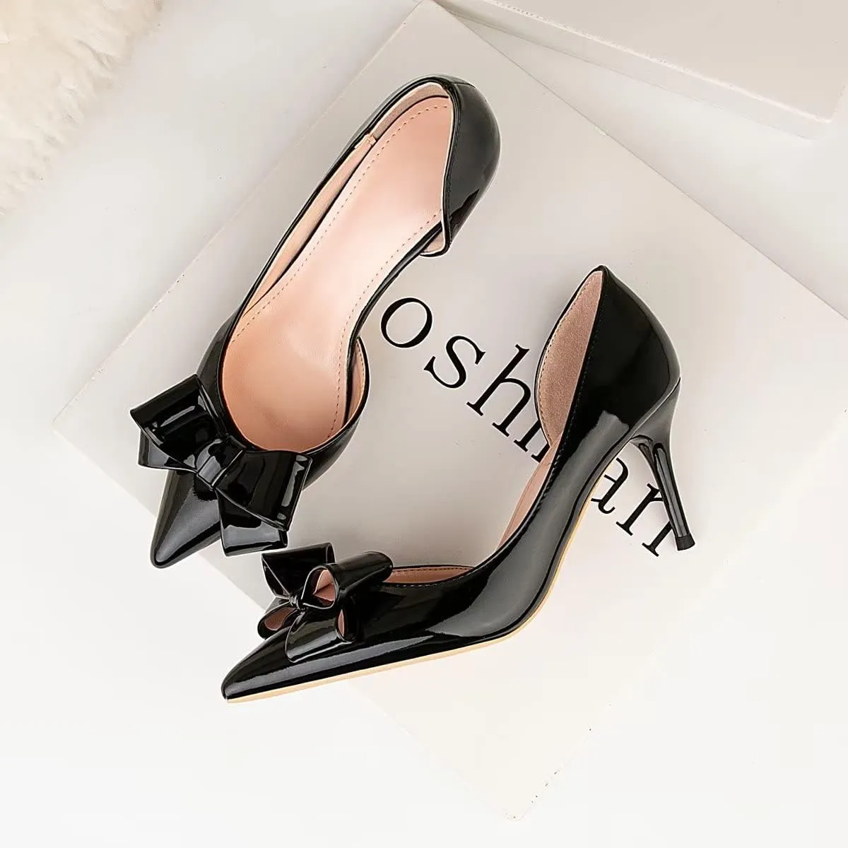 LUXINYU,Women Pointed Toe Heels Fashion Sweet Stiletto Bow Elegant Ladies Pumps Hollow Sexy Heeled Dress Shoes Patent Leather Comfort Work Shoes