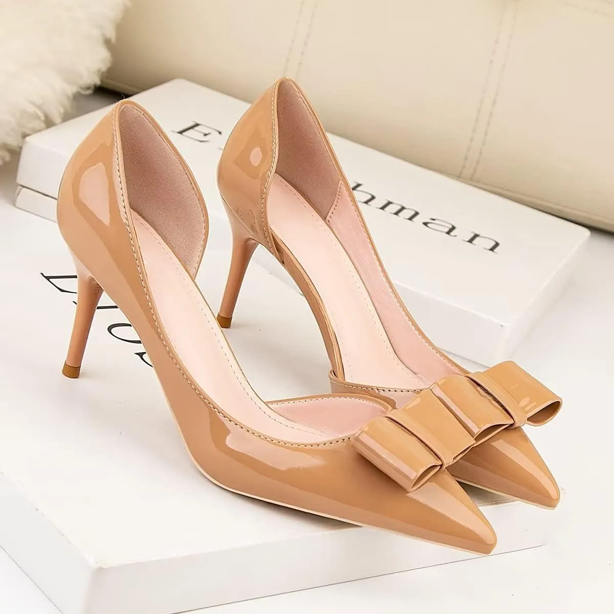 LUXINYU,Women Pointed Toe Heels Fashion Sweet Stiletto Bow Elegant Ladies Pumps Hollow Sexy Heeled Dress Shoes Patent Leather Comfort Work Shoes