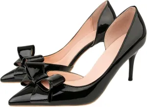 LUXINYU,Women Pointed Toe Heels Fashion Sweet Stiletto Bow Elegant Ladies Pumps Hollow Sexy Heeled Dress Shoes Patent Leather Comfort Work Shoes
