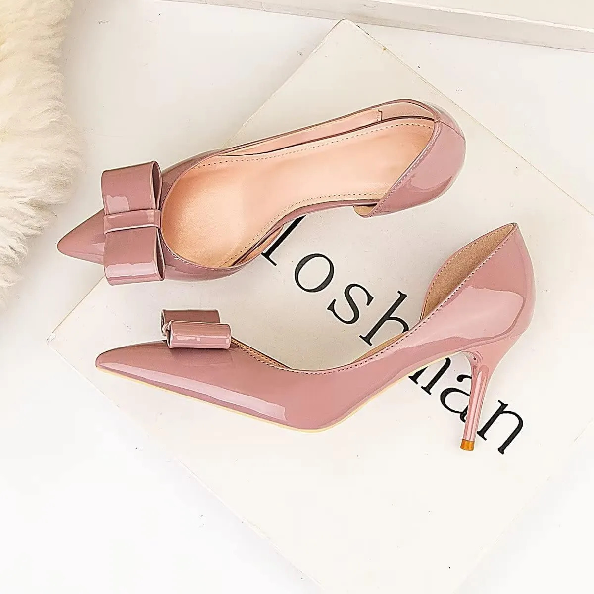 LUXINYU,Women Pointed Toe Heels Fashion Sweet Stiletto Bow Elegant Ladies Pumps Hollow Sexy Heeled Dress Shoes Patent Leather Comfort Work Shoes