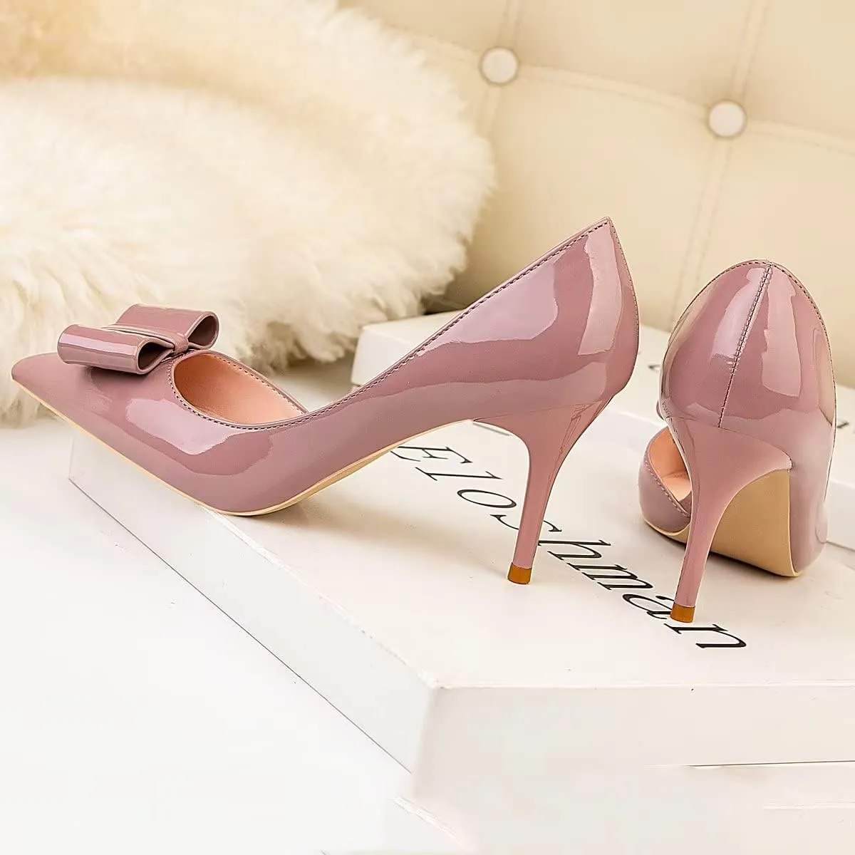 LUXINYU,Women Pointed Toe Heels Fashion Sweet Stiletto Bow Elegant Ladies Pumps Hollow Sexy Heeled Dress Shoes Patent Leather Comfort Work Shoes