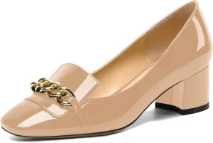 MOVINSTEPS Womens Slip On Square Toe Metal Chain Office Loafers Patent Chunky Low Heel Pumps Shoes 2 Inch