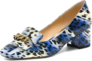 MOVINSTEPS Womens Slip On Square Toe Metal Chain Office Loafers Patent Chunky Low Heel Pumps Shoes 2 Inch