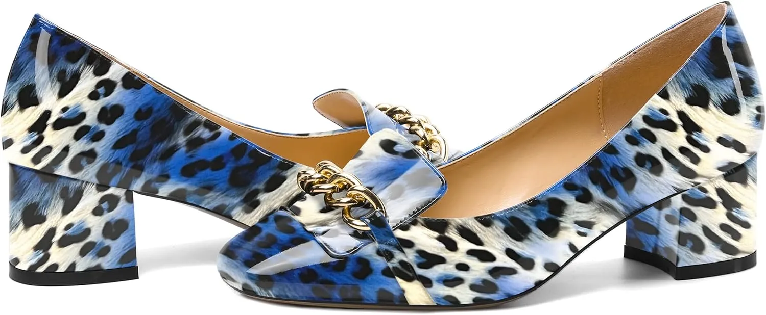 MOVINSTEPS Womens Slip On Square Toe Metal Chain Office Loafers Patent Chunky Low Heel Pumps Shoes 2 Inch