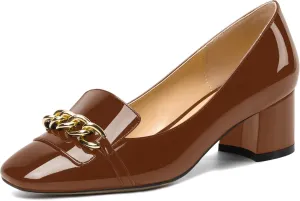 MOVINSTEPS Womens Slip On Square Toe Metal Chain Office Loafers Patent Chunky Low Heel Pumps Shoes 2 Inch