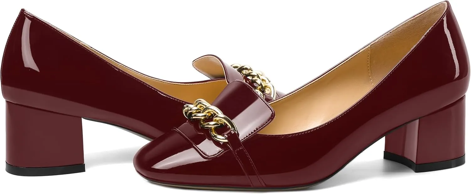 MOVINSTEPS Womens Slip On Square Toe Metal Chain Office Loafers Patent Chunky Low Heel Pumps Shoes 2 Inch