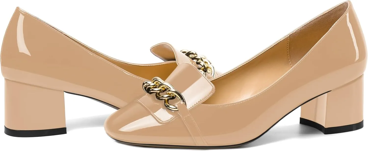 MOVINSTEPS Womens Slip On Square Toe Metal Chain Office Loafers Patent Chunky Low Heel Pumps Shoes 2 Inch