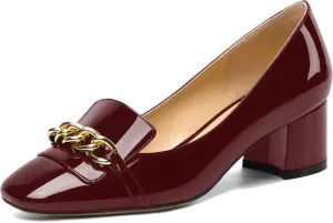 MOVINSTEPS Womens Slip On Square Toe Metal Chain Office Loafers Patent Chunky Low Heel Pumps Shoes 2 Inch