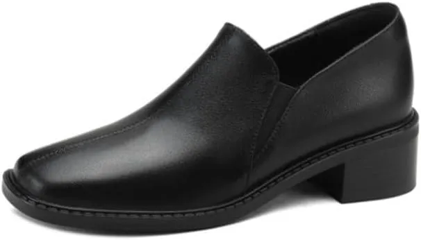 TinaCus Women's Genuine Handmade Retro Slip On Square Toe Chunky Heel Office Loafers Shoes