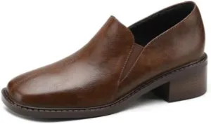 TinaCus Women's Genuine Handmade Retro Slip On Square Toe Chunky Heel Office Loafers Shoes