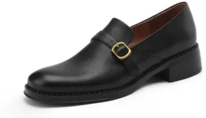 TinaCus Women's Genuine Leather Handmade Slip On Round Toe Buckle Chunky Heel Loafers Pumps Shoes