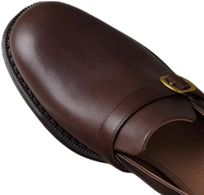 TinaCus Women's Genuine Leather Handmade Slip On Round Toe Buckle Chunky Heel Loafers Pumps Shoes