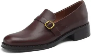 TinaCus Women's Genuine Leather Handmade Slip On Round Toe Buckle Chunky Heel Loafers Pumps Shoes