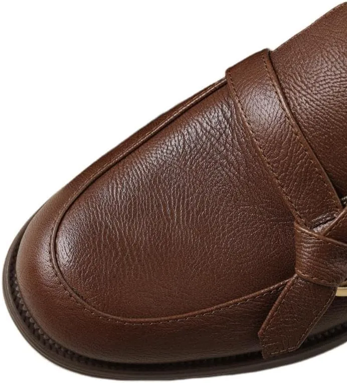 TinaCus Women's Genuine Leather Handmade Slip On Round Toe Knot Chunky Heel Loafers Flats Shoes