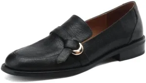 TinaCus Women's Genuine Leather Handmade Slip On Round Toe Knot Chunky Heel Loafers Flats Shoes