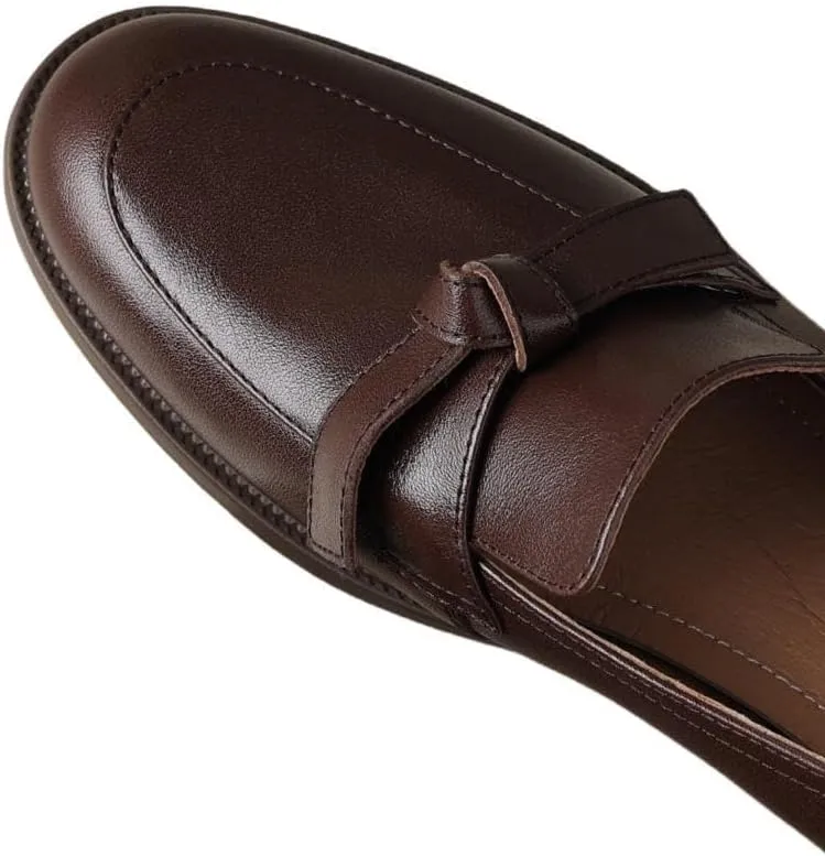 TinaCus Women's Genuine Leather Handmade Slip On Round Toe Knot Chunky Heel Office Loafers Shoes
