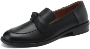 TinaCus Women's Genuine Leather Handmade Slip On Round Toe Knot Chunky Heel Office Loafers Shoes