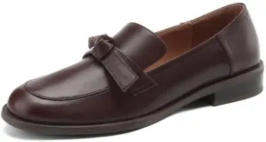 TinaCus Women's Genuine Leather Handmade Slip On Round Toe Knot Chunky Heel Office Loafers Shoes