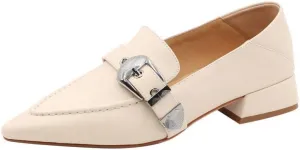 TinaCus Women's Pointed Toe Genuine Leather Handmade Decorated Buckle Low Chunky Heel Office Loafers Shoes