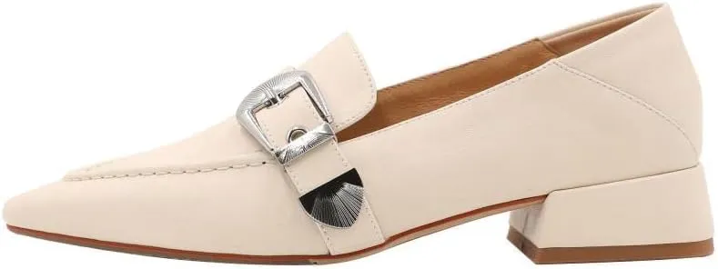 TinaCus Women's Pointed Toe Genuine Leather Handmade Decorated Buckle Low Chunky Heel Office Loafers Shoes