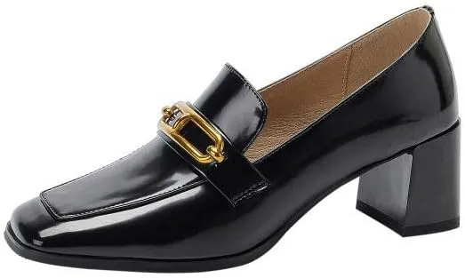 TinaCus Women's Square Toe Genuine Leather Handmade Chain Decorated Mid Chunky Heel Dress Office Loafers Shoes