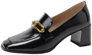 TinaCus Women's Square Toe Genuine Leather Handmade Chain Decorated Mid Chunky Heel Dress Office Loafers Shoes