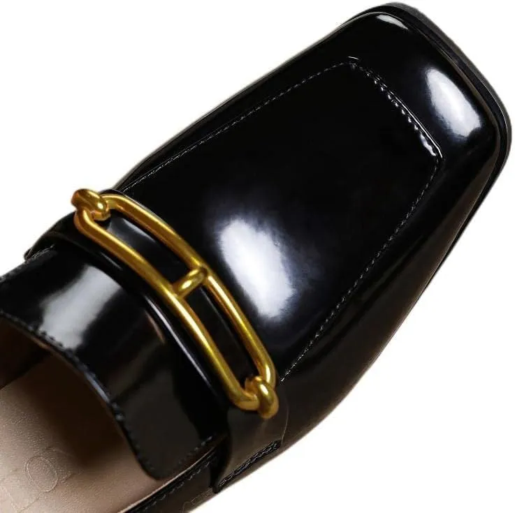 TinaCus Women's Square Toe Genuine Leather Handmade Chain Decorated Mid Chunky Heel Dress Office Loafers Shoes