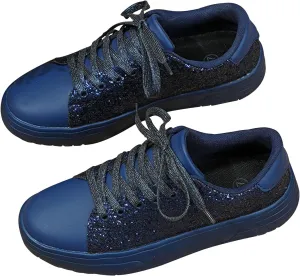 Women's Fashion Sneaker Women's Glitter Shoes Lace Up Low Top Comfortable Cushioned Walking Shoes for Wedding Party Bride Dress(Size:9,Color:Blue)